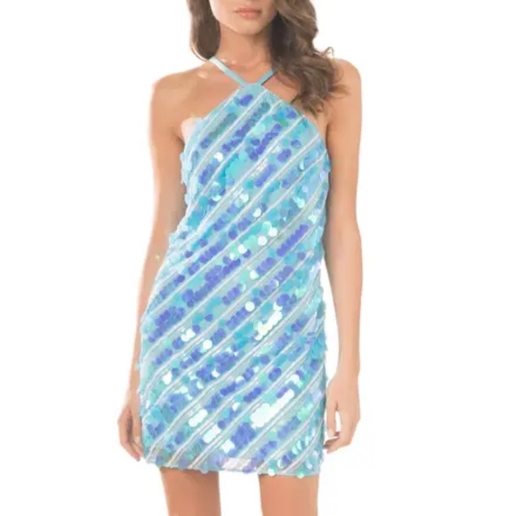 NWOT Dress the Population Blue Suri Paillette Stripe Cocktail Dress- size Small - Picture 1 of 6